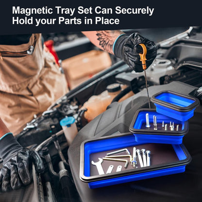 stochastic box Collapsible Magnetic Parts Tray Set Foldable Magnetic Tray 3 Different Size Silicone Tool Trays for Screw, Bolts,Nuts,with Magnetic Base Stores and Organizes Small Parts and Tools