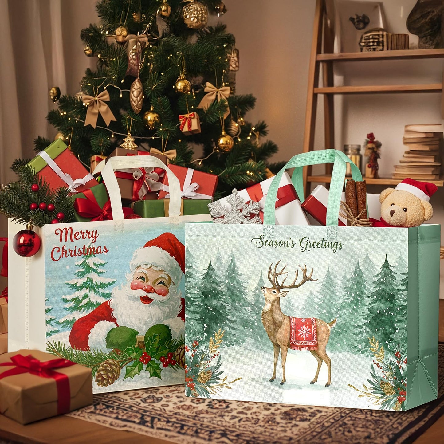 YANGTE 12 Pack Extra Large Christmas Gift Bags with Handles, Reusable Non-Woven Christmas Bags for Presents Wrapping Holiday Xmas Party Favors Supplies(16.7" x 12.6" x 6.7")