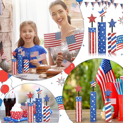 COCHIE 4th of July Decorations Set, Red White Blue Decor, Wooden Patriotic Memorial Day Tiered Tray Decor, Labor Day Decorations, Fourth of July Decoration for Home Office Table (Flag Shinny)