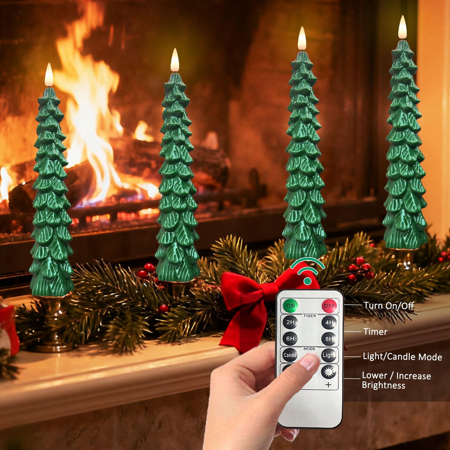 Qaeshi Christmas Tree Candles with Remote, Real Wax LED Flameless Taper Candles, Battery Operated 3D Flickering Candlesticks, Tree Taper Candle for Window Home Christmas Table Decorations (1pcs)