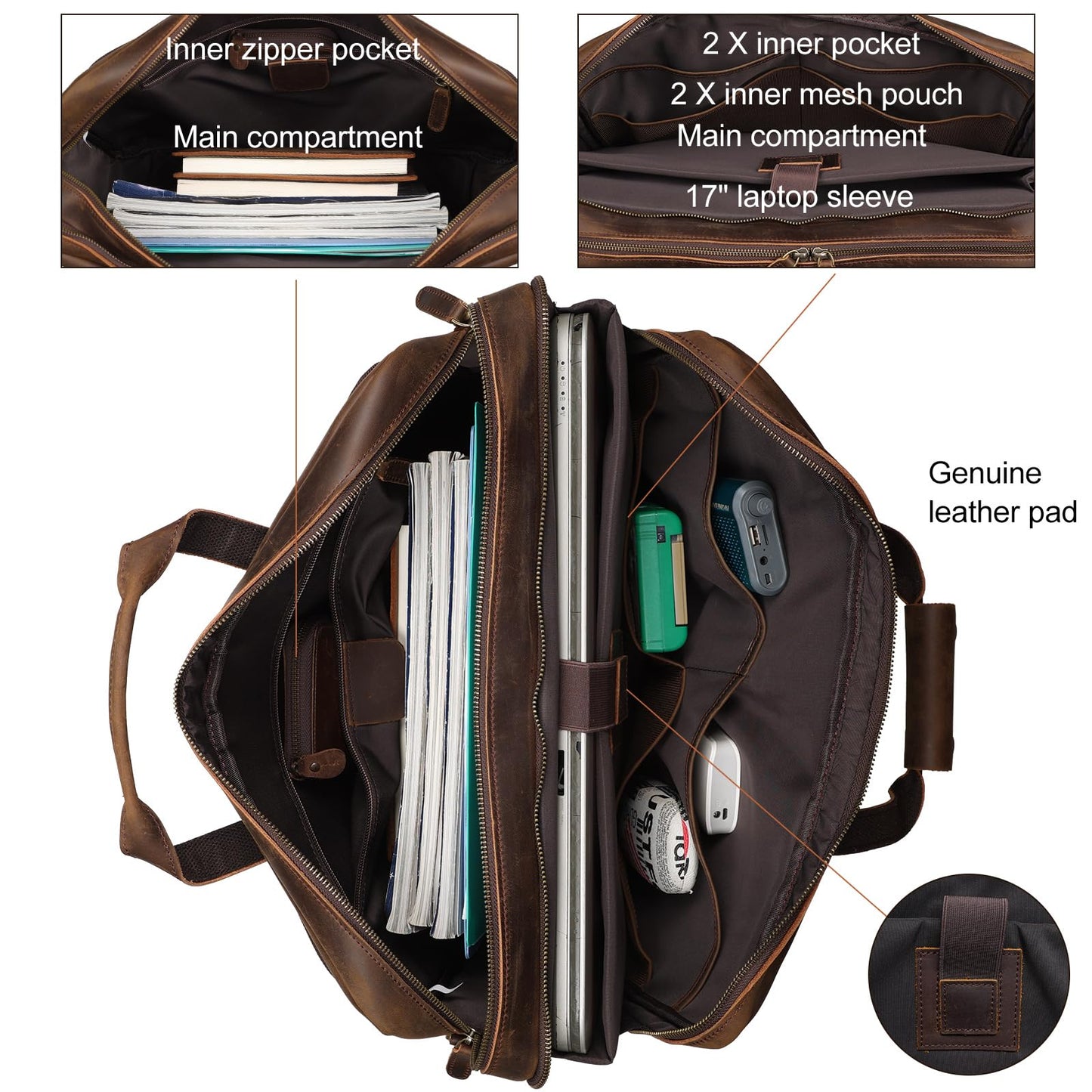 Masa Kawa Leather Briefcase for Men 17" Laptop Shoulder Messenger Bag Vintage Brown Business Travel Work Lawyer Attache Case,Large