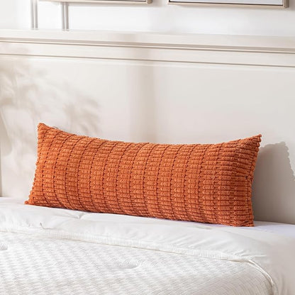 Fancy Homi Burnt Orange Long Body Lumbar Decorative Throw Pillow Cover 14x36 Inch for Bedroom Couch Bed Sofa, Farmhouse Boho Fall Room Decor, Soft Striped Corduroy Rectangle Pillow Case