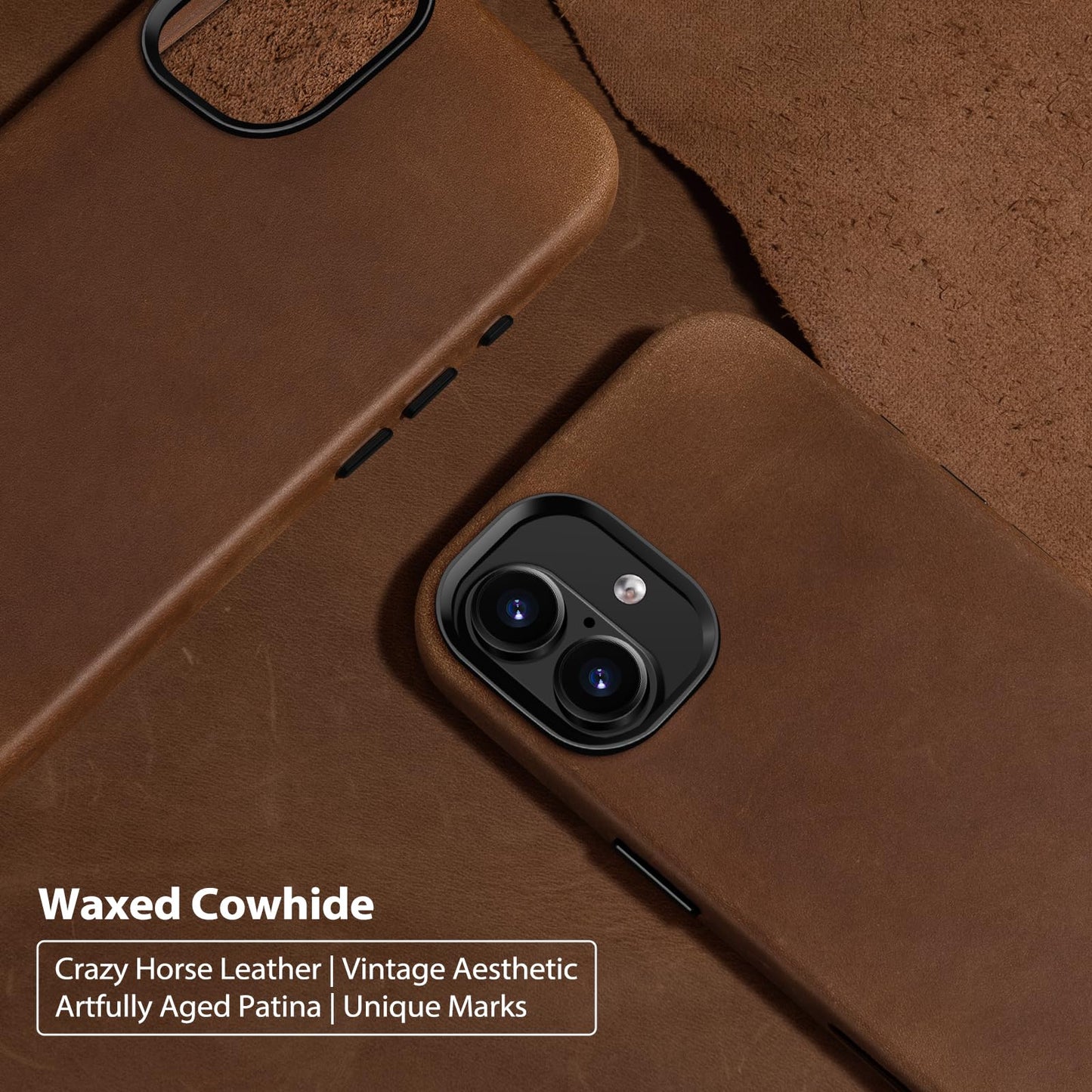 Belemay Handcrafted Crazy Horse Leather Case for iPhone 16, Compatible with MagSafe, Vintage Aesthetic, Two-Tone Effect, Unique Patina, Camera Control Button, Metal Buttons (6.1"), Vintage Brown