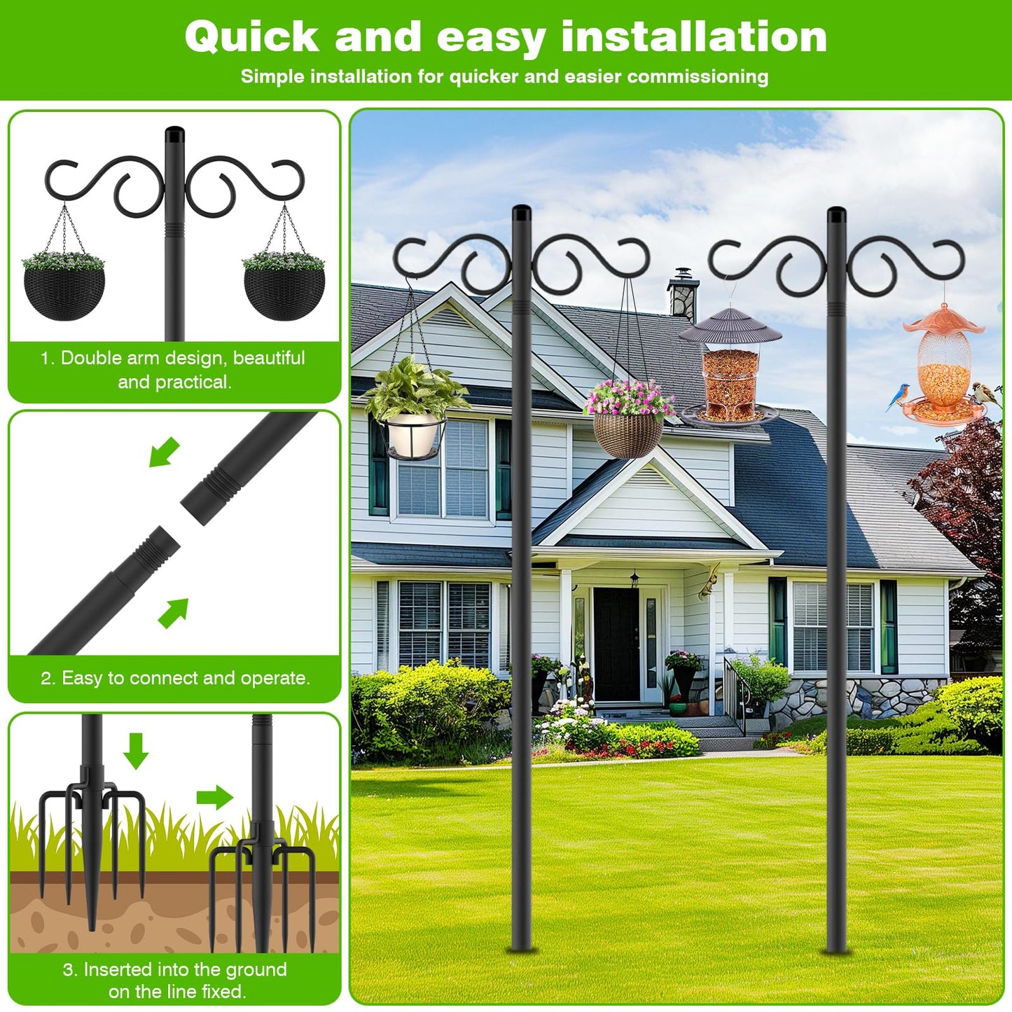 RCUICA Double Shepherds Hooks for Outdoor,2 Pack 90 Inch Bird Feeder Pole with 5 Prongs Base,Heavy Duty Shepherds Hook,Suitable for Garden in Hanging Flower Basket,Lantern,Bird Nests (90 Inch)