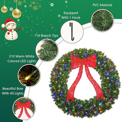 48in Christmas Wreath, 250 LED Lights (Warm White & Color, 10 Lighting Modes), Glowing Red Bow, 714 PVC Branch Tips, Power Plug-in, with Hooks, Holiday Decoration, Outdoor Door Decoration