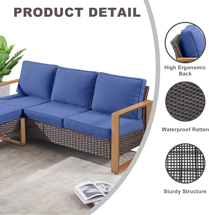 Rilyson Outdoor Wicker Patio Furniture Set - 7 Piece Patio Conversation Set with 4 Wicker Swivel Rocker Chairs,2 Rattan Ottoman and 1 Couch,Thick Cushions,Deep Seating,Wide Armrest(Brown/Blue)