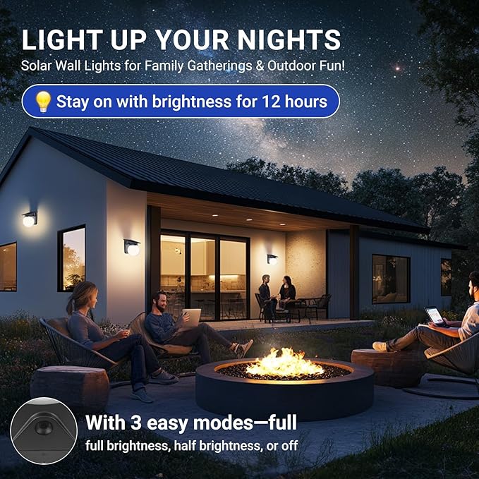 Solar Wall Lights Outdoor, 2 Pack, 3 Lighting Modes, IP65 Waterproof, Wireless Solar Powered LED Lights for Backyard, Garden, Fence, Patio, Front Door - Bright & Durable Outdoor Lighting