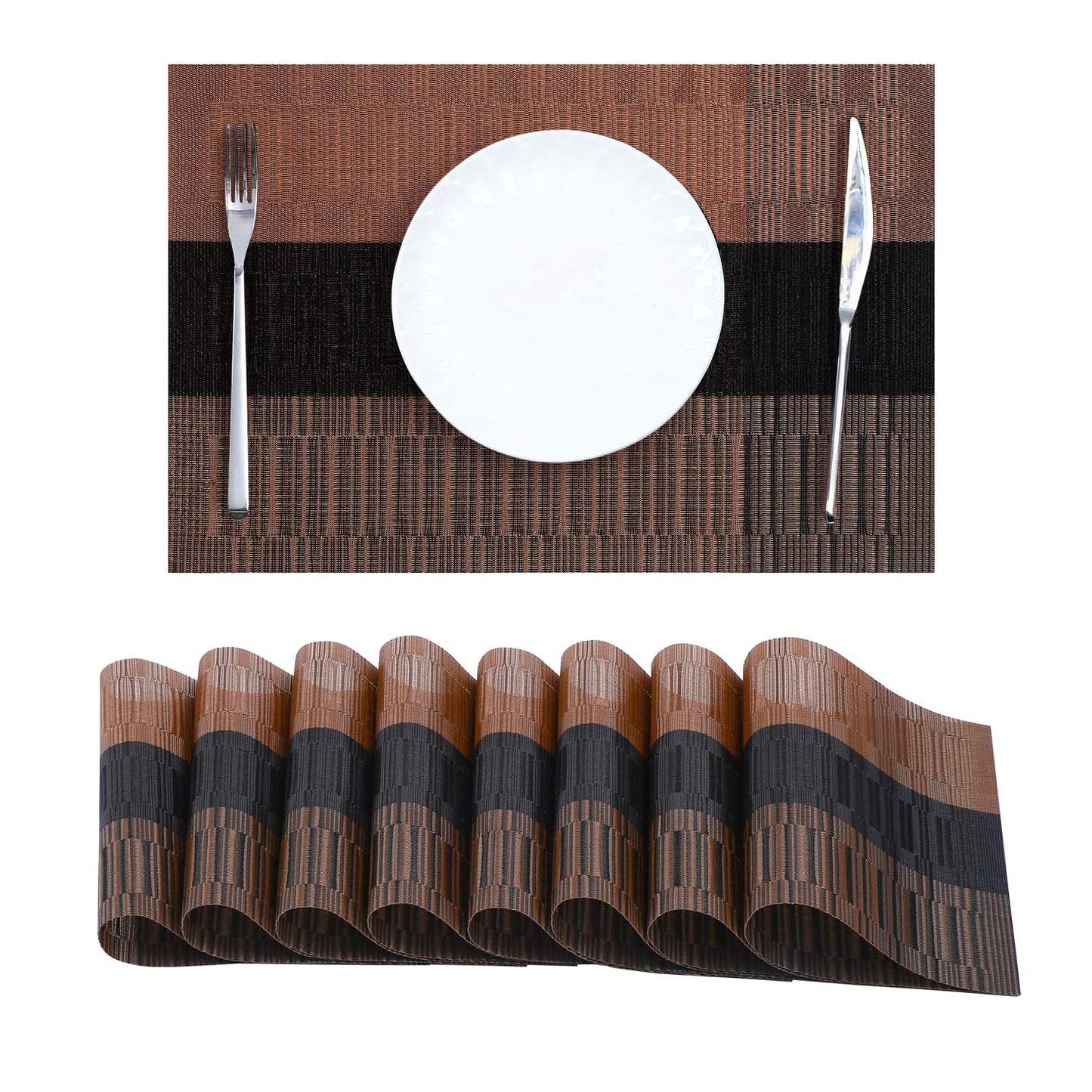 Leetaltree Brown with Black Striped Placemats Set of 8 - Heat Resistant Non-Slip Place mats for Dining Table, Washable Durable PVC Vinyl Woven Table Mats（Brown Stripe, 8）