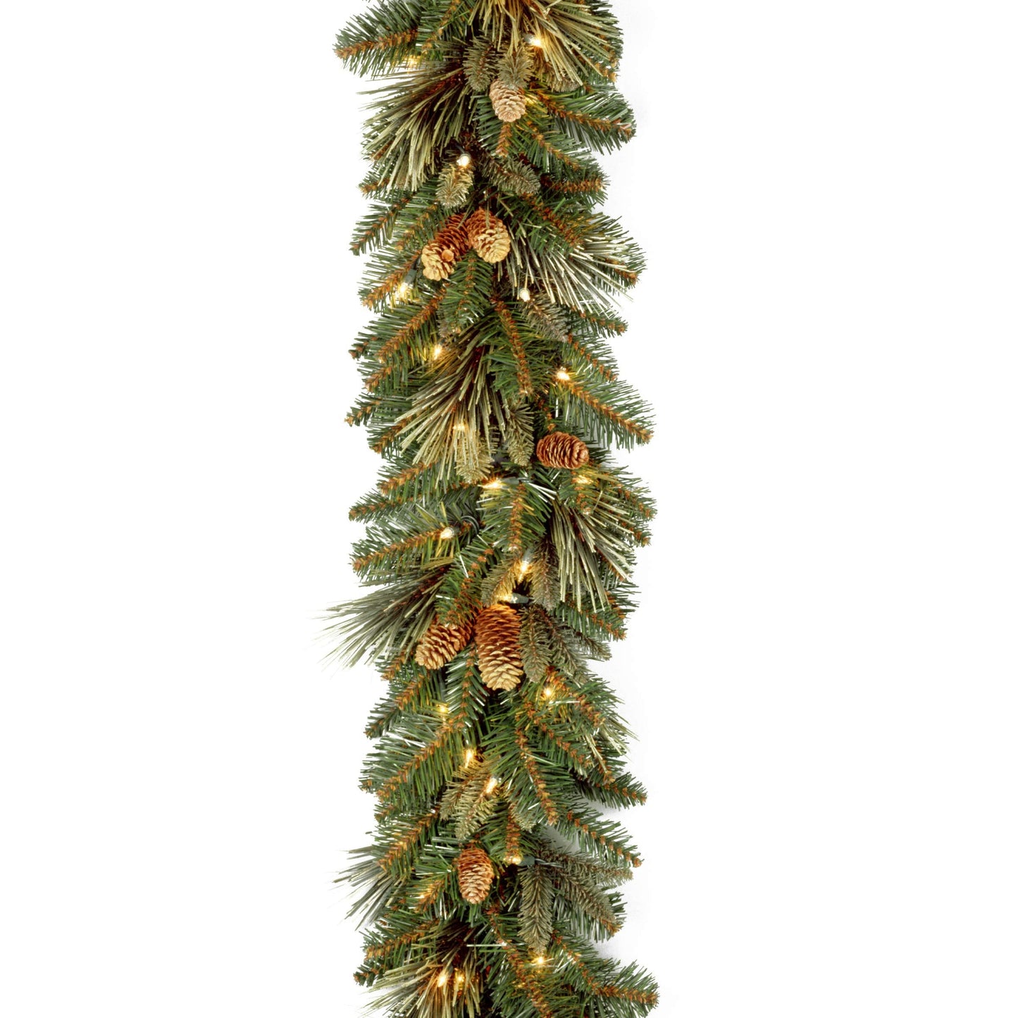 National Tree Company 9 ft Pre-Lit Carolina Pine Artificial Christmas Garland, Christmas Decoration with Pinecones, 100 Warm White LED Lights, 240 Tips, Timer, Green