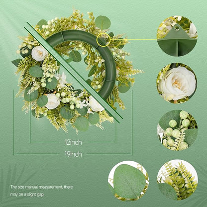 Spring Summer Wreaths for Front Door Artificial Rose Eucalyptus Berries Green Wreath Spring Summer Door Wreath for Farmhouse Wedding Festival Party Indoor Outdoor All Season Home Decor