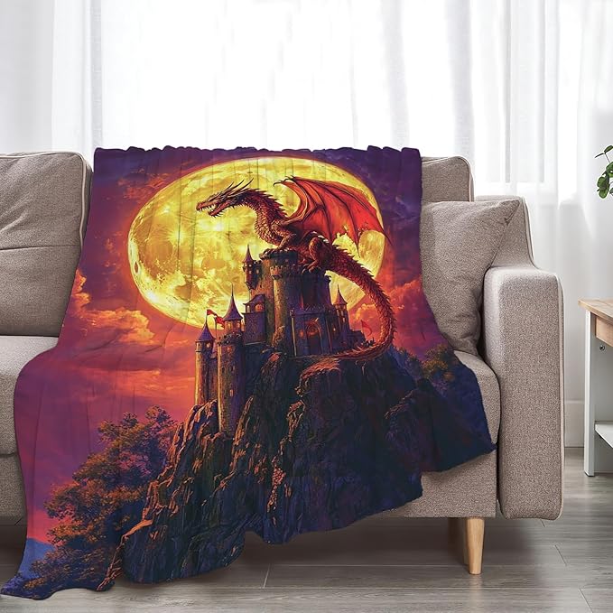 Dragon Blanket, Full Moon Throw Blankets, Dragons Space Fuzzy Plush Blanket Ultra Soft for Dragon Lover Gift Kids Teens Women Men Girls Boys Stuff Decor for Bedding Sofas Couch 60"X50"