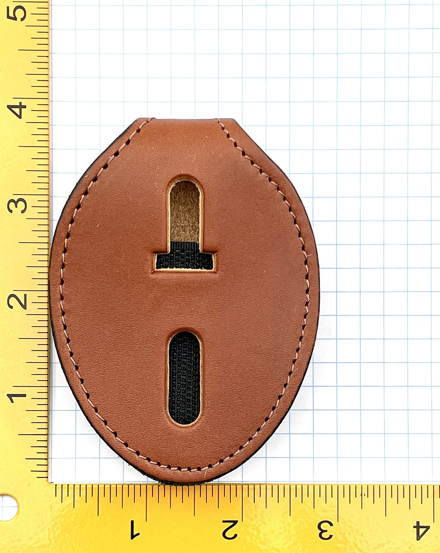 Perfect Fit Universal Oval Police Badge Holder Shield with Metal Belt Clip and Bead Chain Necklace, Hook and Loop Closure, Tan Leather