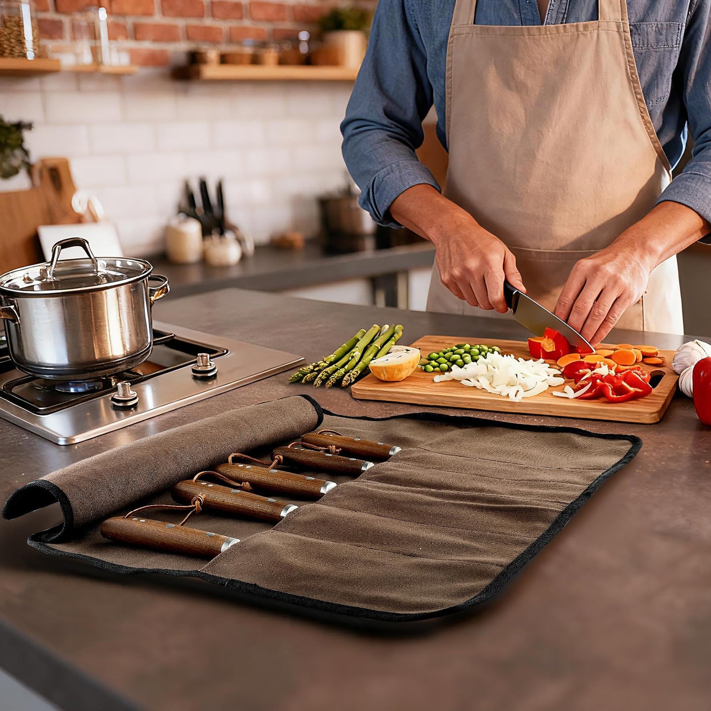 VRUIFA Chef’s Knife Roll Bag, Portable Canvas Cases, Chef Bag With 5 Slots Pockets Can Hold Kitchen Knife Tools Up To 15 Inch