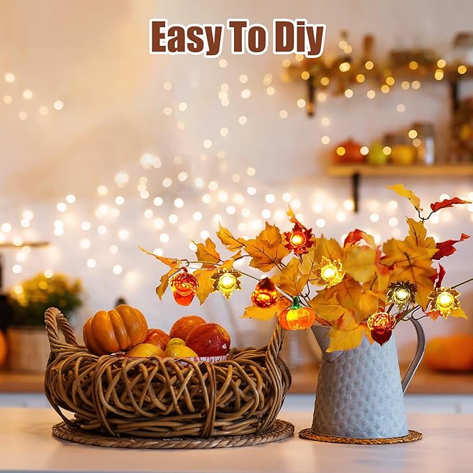 Fall Lights 10Ft 30 LEDs Fall Decorations Battery Operated Acorn 3D Pumpkin Maple Leaf String Lights for Home Autumn Garland Harvest Thanksgiving Party Christmas