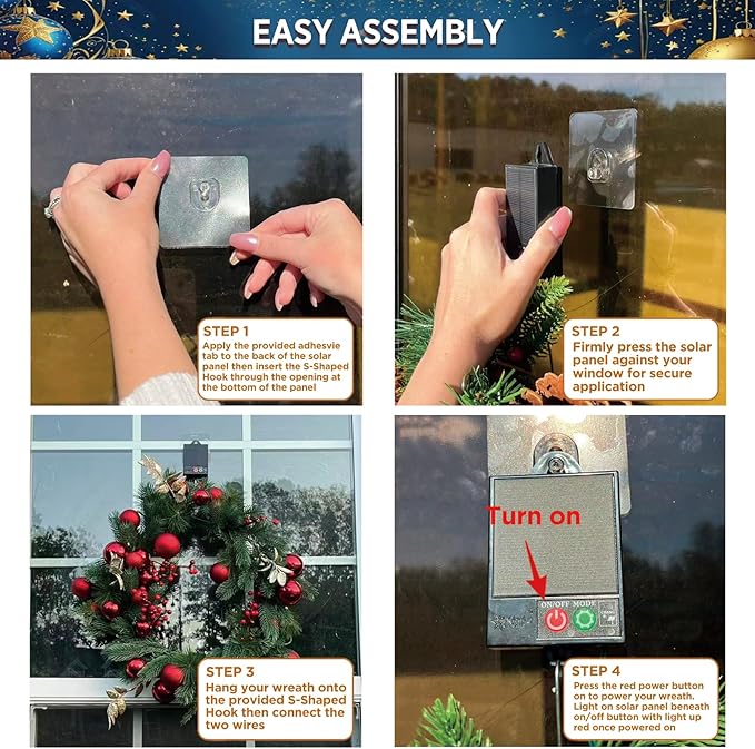 4pack Solar Christmas Wreath 24 Inch Pre-Lit Solar 50 Led Artificial Wreath Outdoor Front Door Window Christmas Decorations with Frosted Branches Red Christmas Balls (2408-4pk)