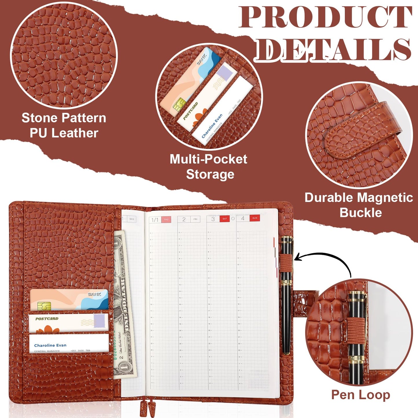 SKLENICE PU Leather Cover for A5 Notebooks Brown Planner Cover Compatible with Hobonichi Cousin Stalogy and MD A5 Journal Cover with Pen Loop Pockets for Refillable Notebook Planner