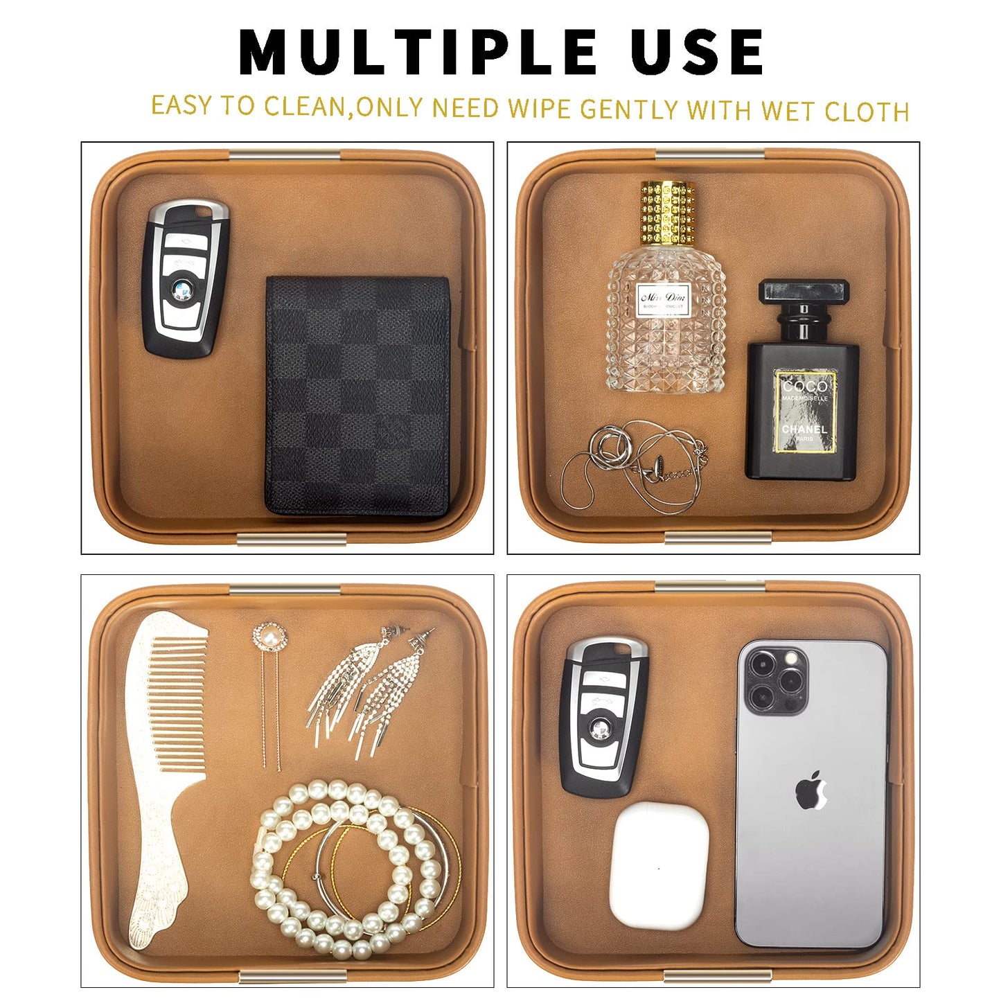 SANZIE Luxury Leather Desktop Storage Small Catchall Organizer Decorative Tray for Entryway Table to Hold Jewelry Watch Cosmetics Keys Phone Wallet, Home & Office Accessories (Metal Gilded, Orange)