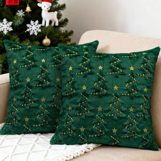 YIOTJUNL Christmas Pillow Covers 18x18 Set of 2 Soft Plush Embroidered Cushion Covers Decorative Gold Star Beige Christmas Tree Throw Pillow Cases Decorations for Winter Holiday Sofa Home Decor
