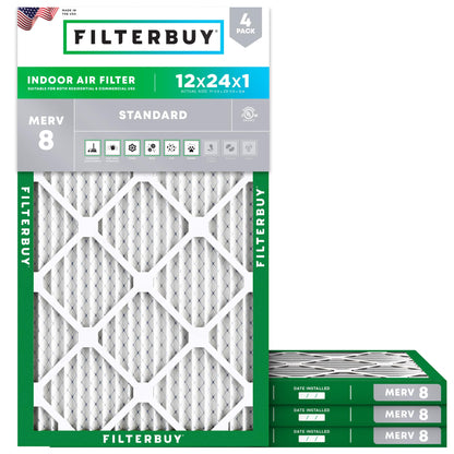 Filterbuy 12x24x1 Air Filter MERV 8 Essential Dust & Allergy Defense (4-Pack), Electrostatic Pleated HVAC AC Furnace Filters Replacement, Made in USA (Actual Size: 11.50 x 23.50 x 0.75)