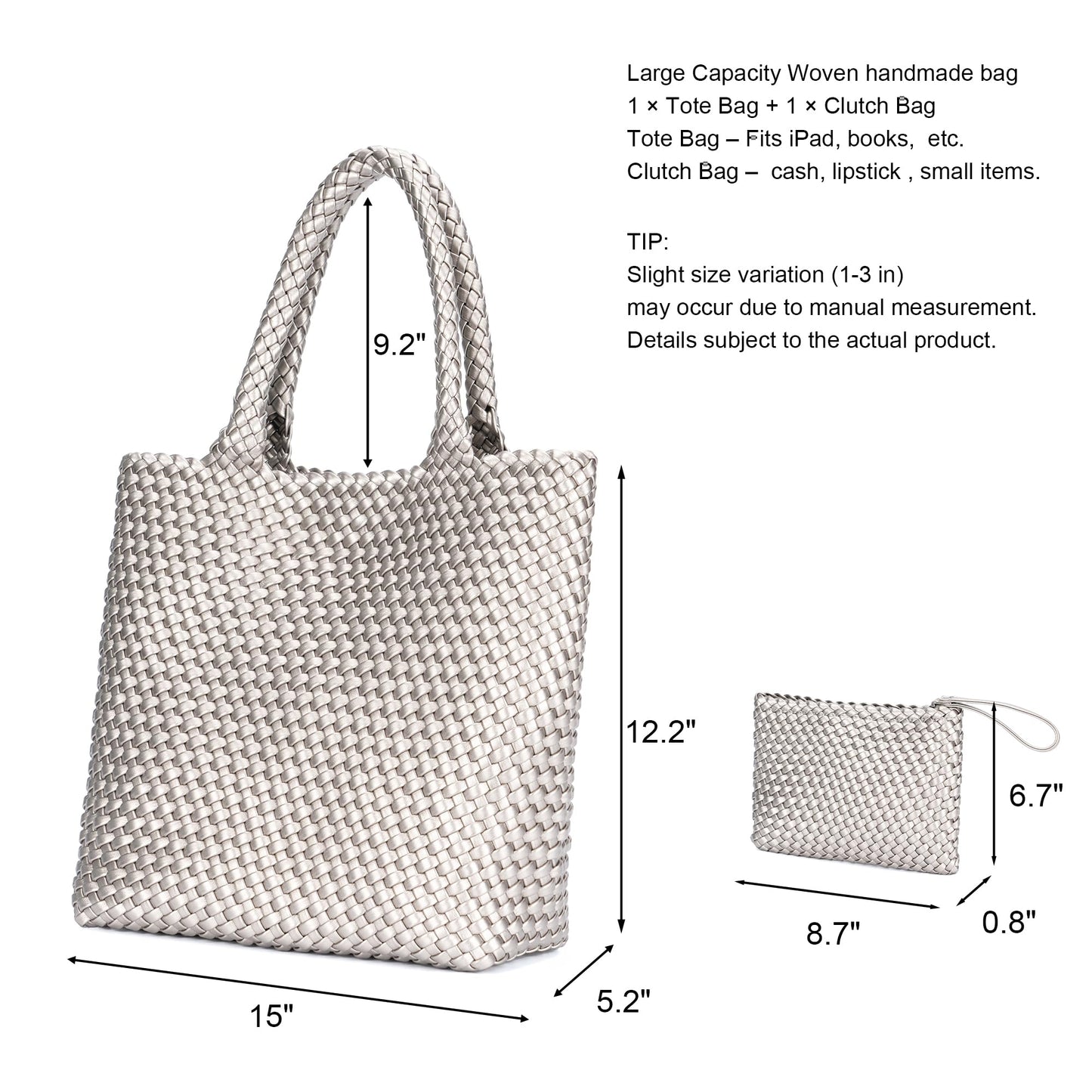 BAGOK Woven Tote Bag for Women, Handwoven Vegan Leather Shoulder Bag with Zipper Clutch, Large Tote Purse for Work, Travel, Beach & Weekend Getaway