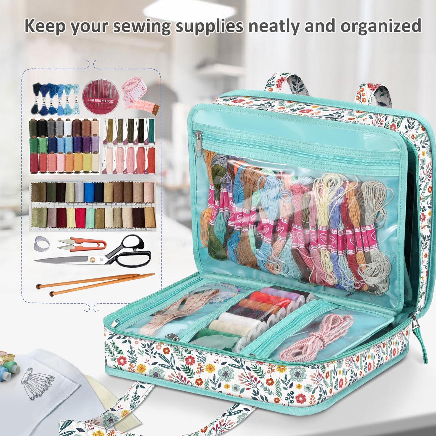 FINPAC Sewing and Craft Supplies Storage Tote, Large Capacity Travel Packing Organizer Bag with Clear Pockets and Handle for Knitting, Crochet, Art, Sewing Accessories (Spring Bloom)