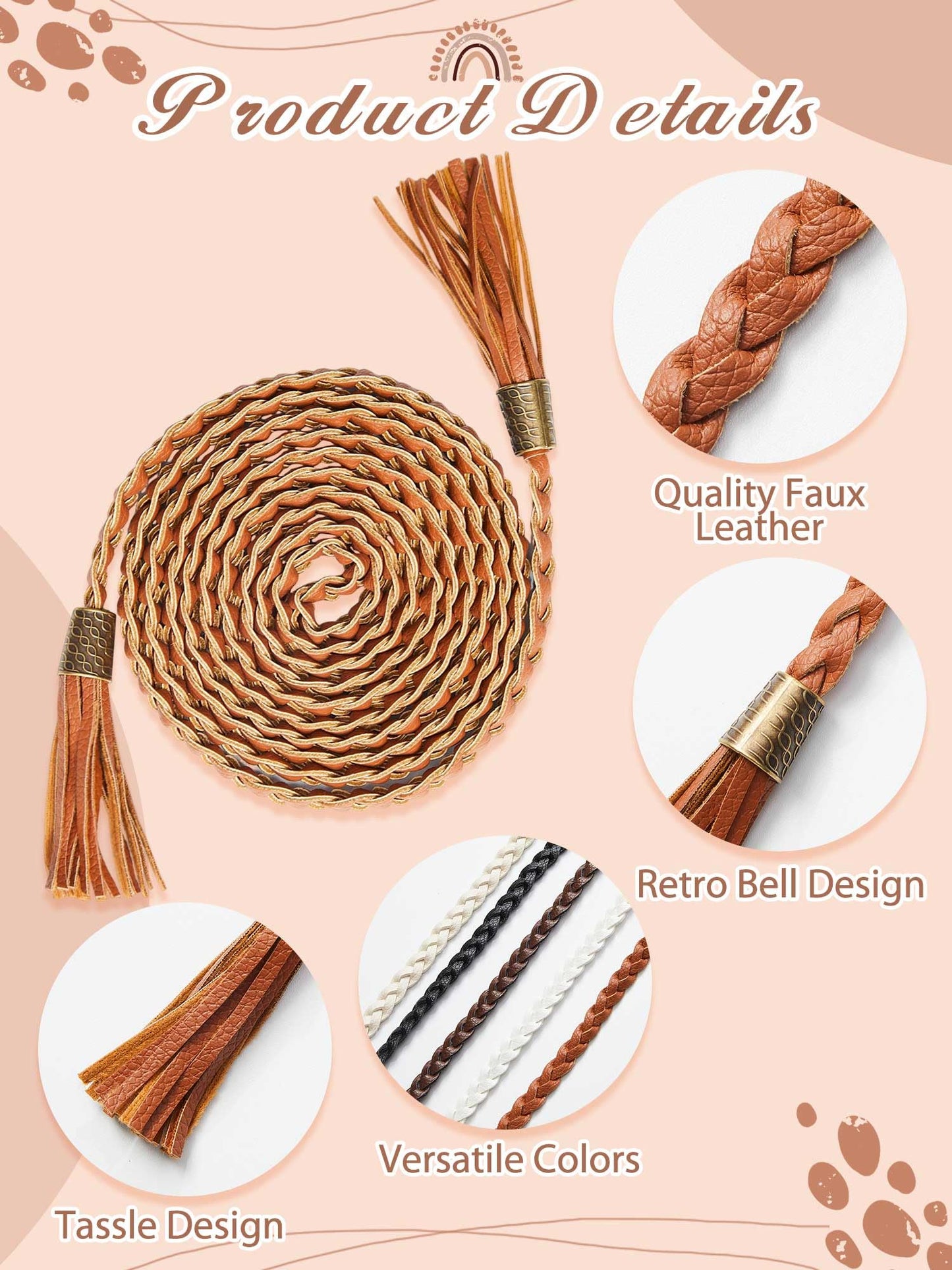 SATINIOR 5 Pcs Braided Waist Belt for Women, Extra Long 78.4" Tassel Skinny Braided Rope Waist Belts for Skirt Dress Festival Fashion Boho Toga Costume Accessories