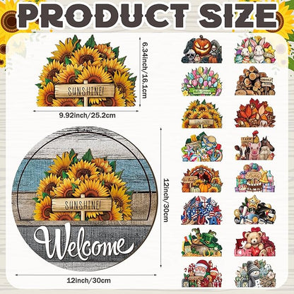 Yousoontic 17 Pcs 12 Inch Magnetic Welcome Door Sign Interchangeable Front Door Decor Rustic Fall Seasonal Hanging Sign Halloween Christmas Decor for Home Warming Gift(Retro Color,Grain Welcome)