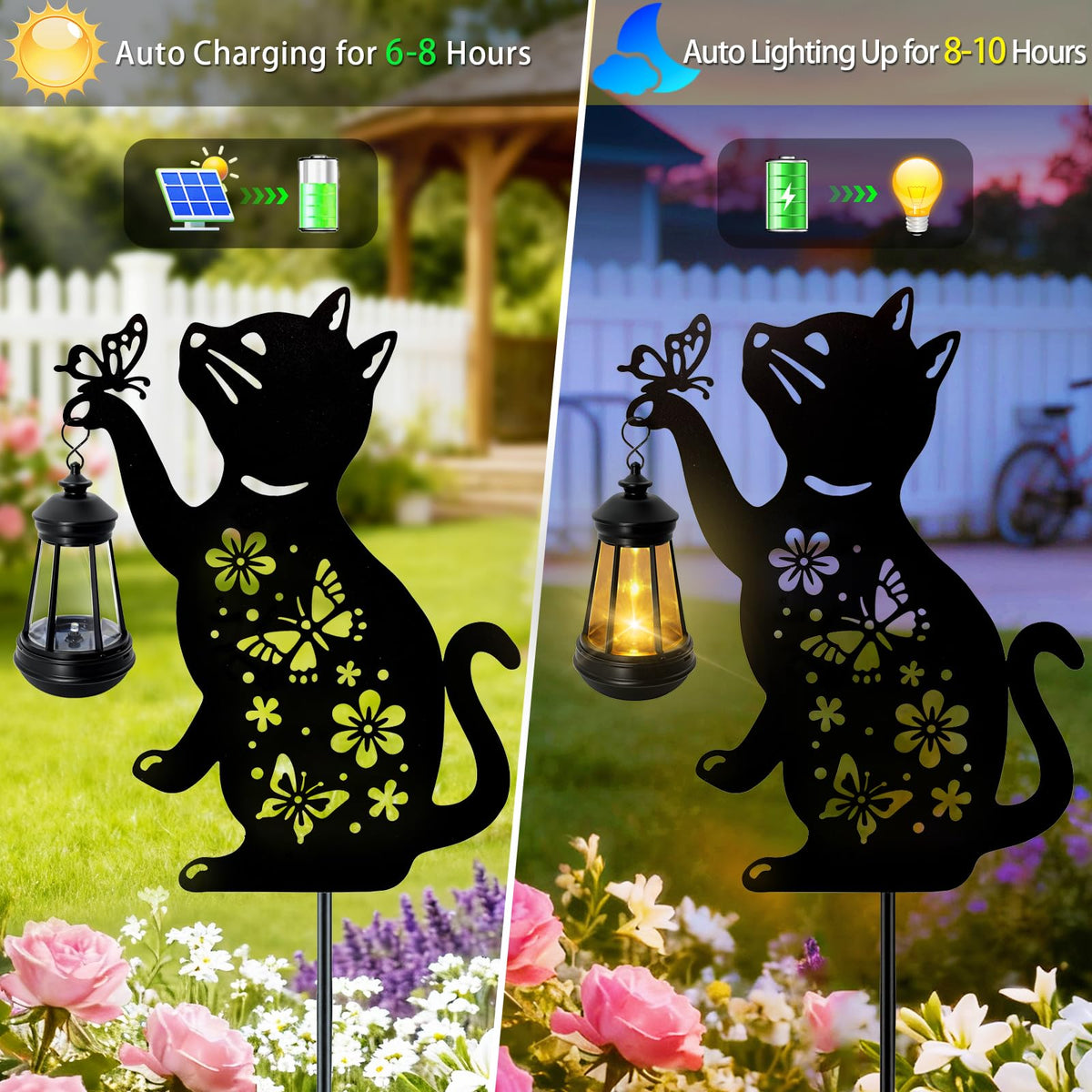 ANGMLN Cat Solar Lights Outdoor, Black Cat Hanging Lantern Waterproof, Cat Lover Gifts for Women Mom Birthday Mother's Day, Metal Garden Statue Yard Decor Patio Pathway Backyard Lawn Ornaments