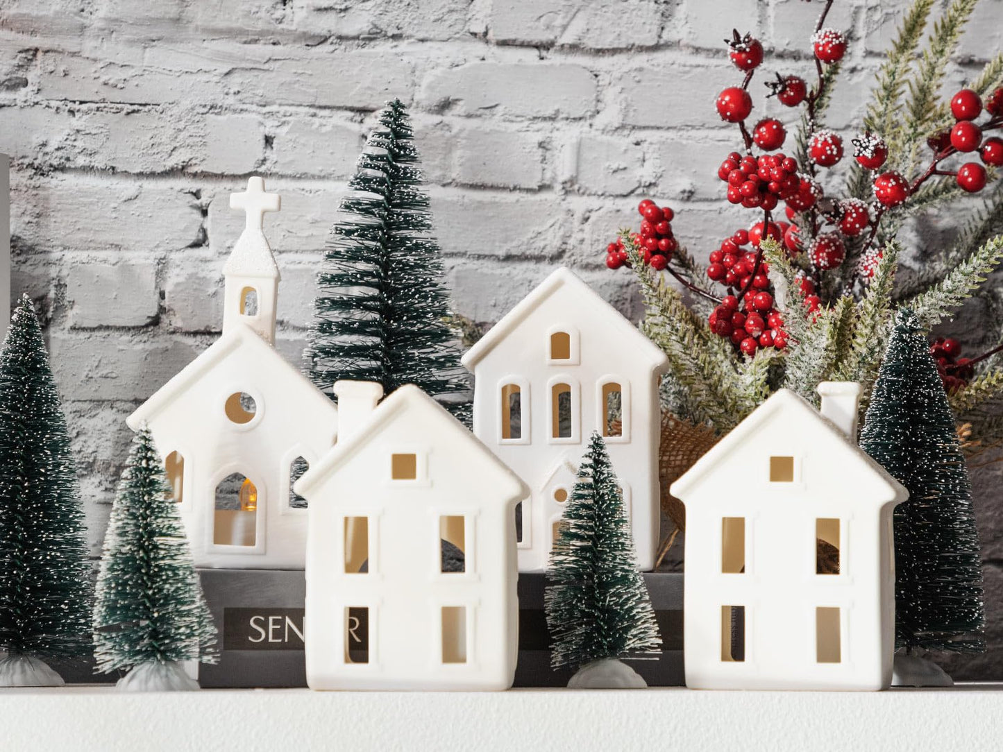 BUTITNOW 9 Pcs Christmas Village Figurines Sets - 4 Lighted Ceramic Houses with Remote Control & 5 Trees - Christmas Decorations Indoor - White Xmas Holiday Farmhouse Rustic Decor for Home Table Room