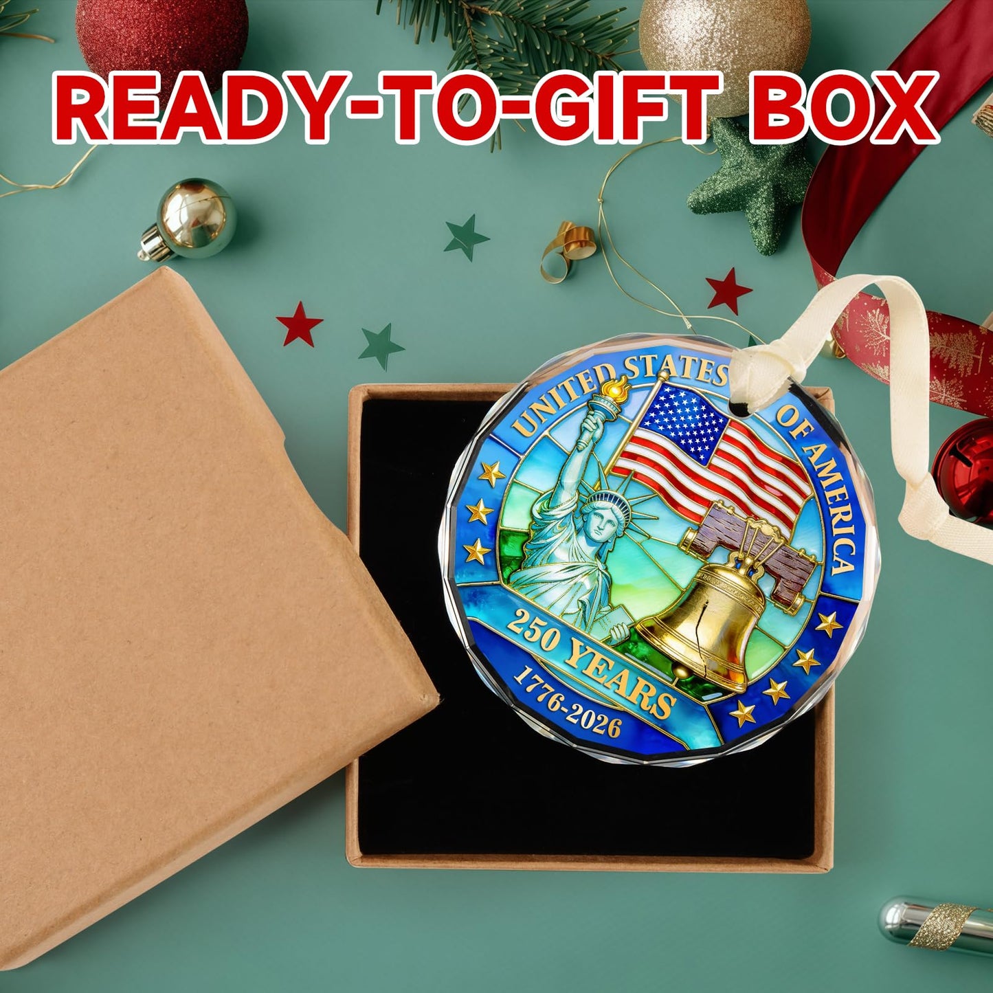 250 Anniversary USA Ornament for 4th of July Decorations, Crystal Glass 1776-2026 Liberty Bell Memorial Day Decorations, USA 250th Anniversary Merchandise Fourth of July Gifts for Men Women