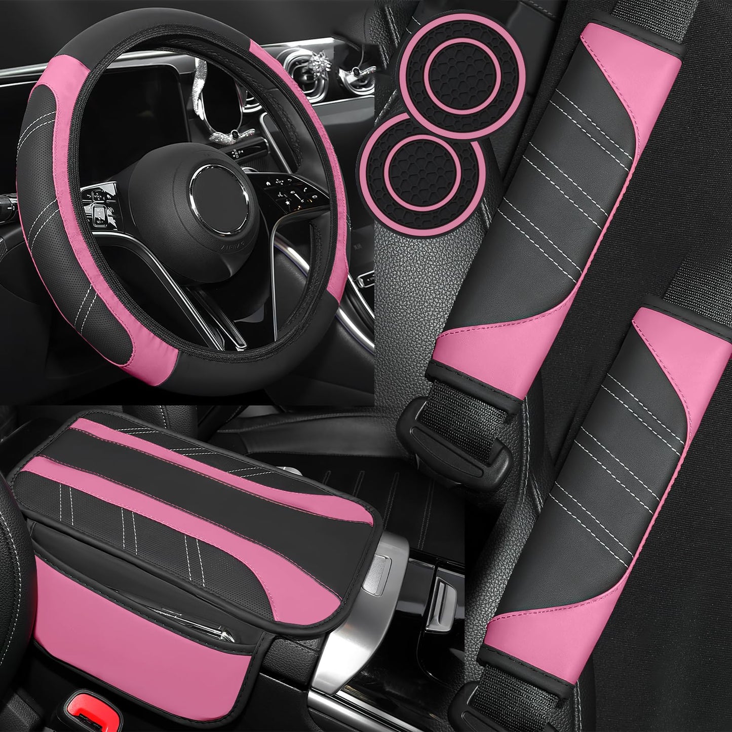 Hbxdeco 6PCS Pink Car Accessories Set, Sporty Auto Interior Decoration Accessories with Leather Car Steering Wheel Cover, Center Console Cover, Seat Belt Shoulder Pads, Cup Coasters (Pink)