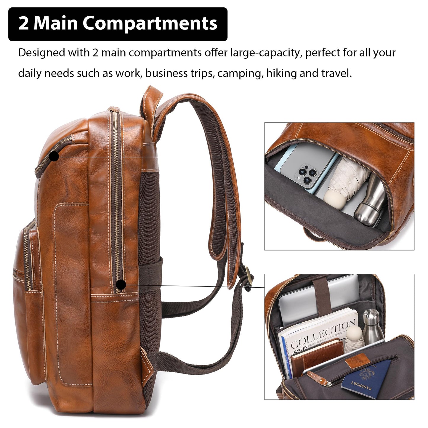 LANNSYNE Vegetable Tanned Leather Backpack For Men, 17" Laptop Backpack, Casual Outdoor Business Travel Rucksack, YKK Zippers
