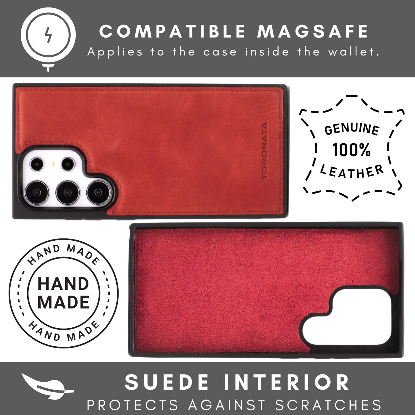 TORONATA Nevada Samsung Galaxy S24 Ultra Case – S24 Ultra Leather Case - Luxury S24 Ultra Wallet Case with Kickstand Design, Card Slots – Handcrafted Anti Scratch RFID Leather Wallet (Red)