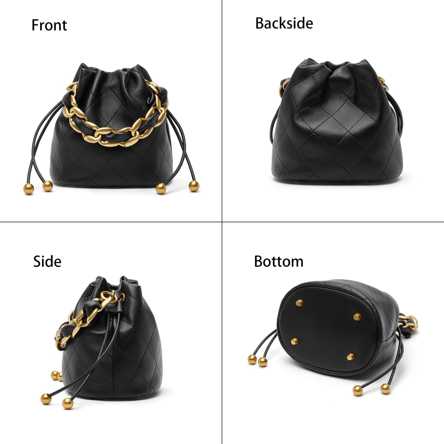 DORIS&JACKY Small Top Handle Bucket Bag, Designer Lambskin Drawstring Crossbody Purse with Chunky Chain Tote Strap (1-Black)