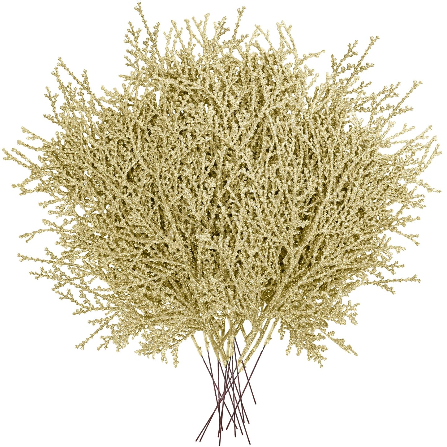 Winlyn 15 Pcs Christmas Artificial Cedar Sprays Champagne Glittered Faux Cedar Branches Stems Christmas Tree Ornament Picks 14.4" for Christmas Tree Wreath Wedding Bouquet Holiday Centerpiece