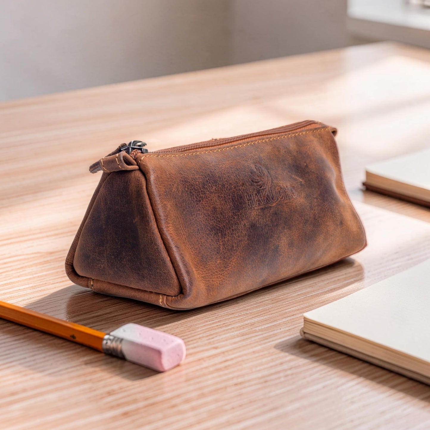 HAKUCHO Leather Pencil Case - Full Grain Leather handmade Durable & Stylish, Ykk Zippered Pen Pouch - Stationery Bag Pen Holder for collage, Work & Office