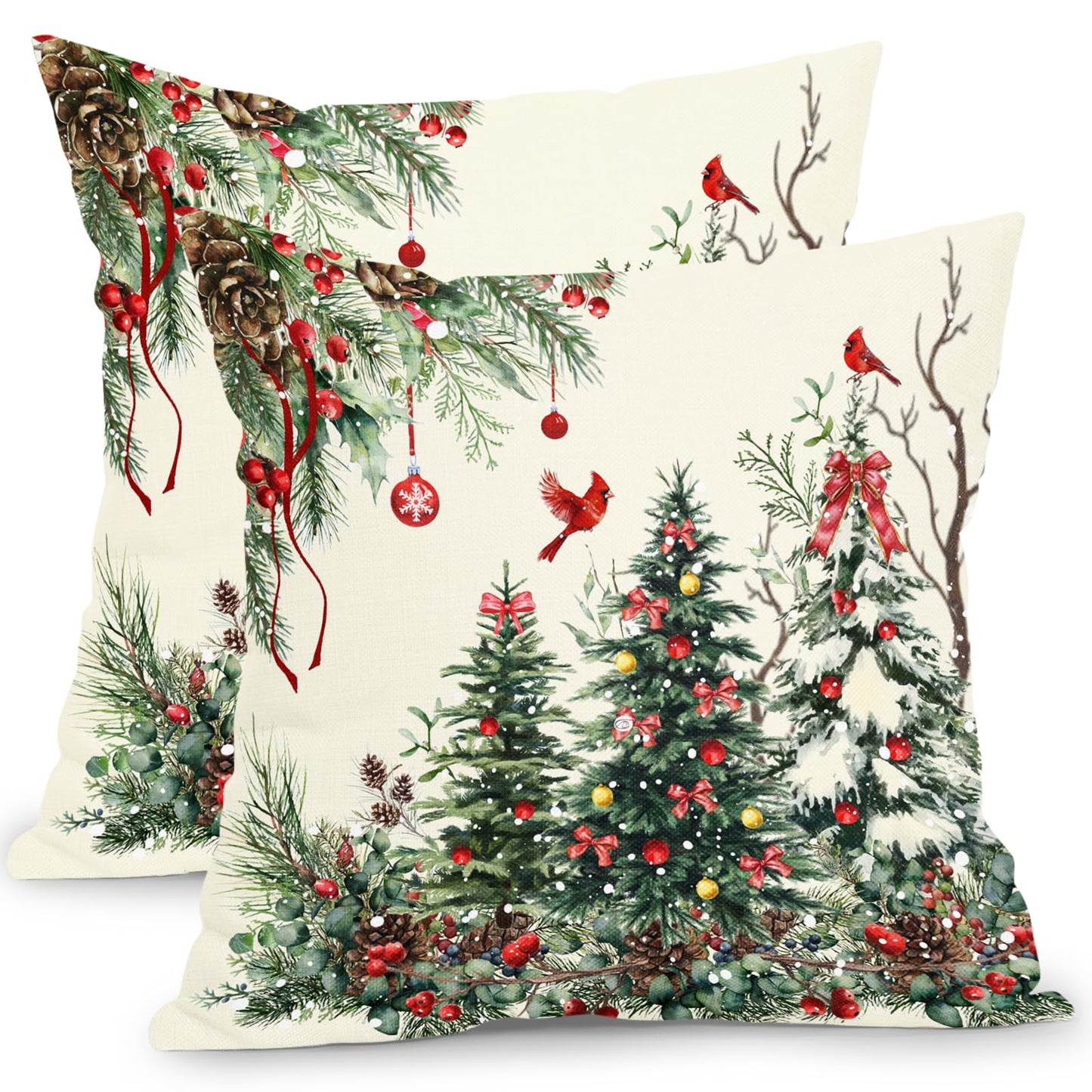 Christmas Pillow Covers 24x24 Inch Set of 2 Rustic Christmas Tree Decorative Outdoor Throw Pillows Winter Green Square Cotton Linen Cushion Case for Sofa Bed Couch Indoor Home Christmas Decor