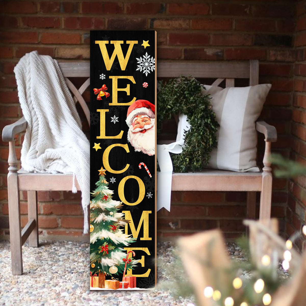 Christmas Wooden Porch Sign 31.5" Santa Welcome Porch Sign with Stars, Snowflakes, and Gift Accents for Home Front Door Yard Party Decor