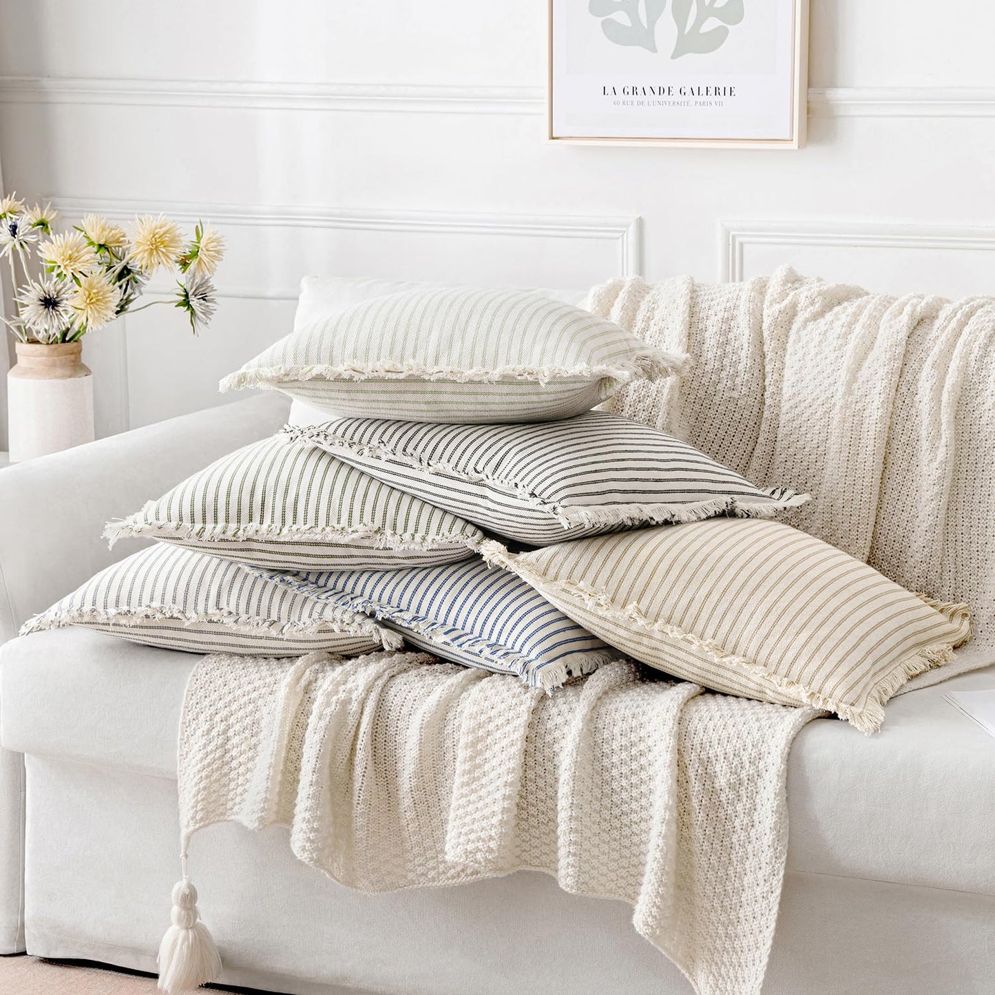 MIULEE Black Pack of 2 Pillow Covers 18x18 Inch Striped Farmhouse Couch Throw Pillow Covers with Fringe Chic Linen Decorative Cushion Covers for Sofa Living Room Bed Outdoor Home Decor