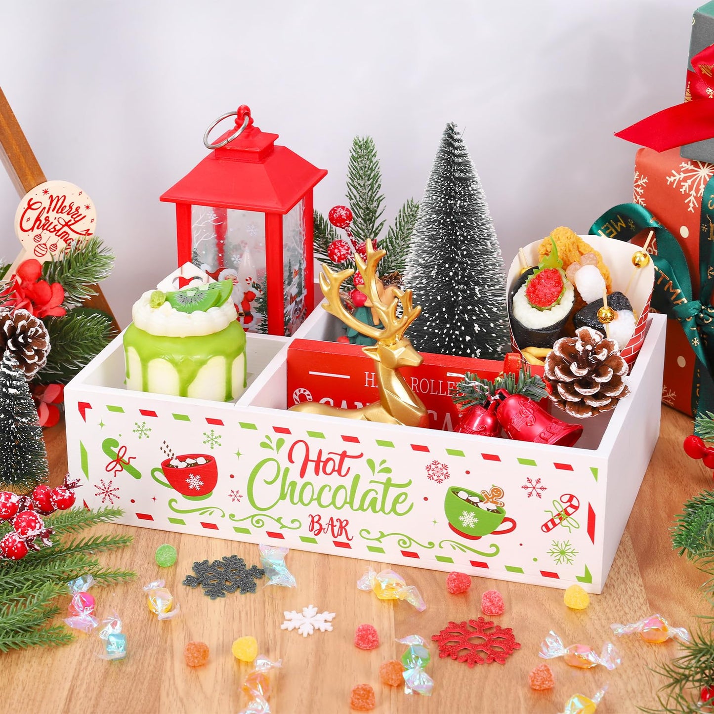 FYSUIMU Christmas Hot Cocoa Wood Storage Box Red-Green Xmas Rustic Wooden Organizer Bins Tabletop with 4 Compartments for Holiday Farmhouse Party Home Office Kitchen Decor