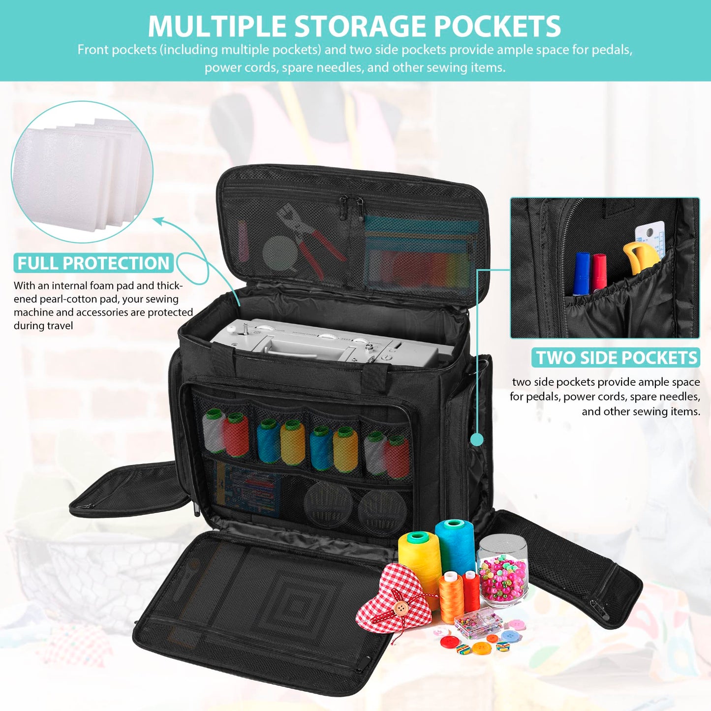 ITHWIU Sewing Machine Carrying Case with Multiple Storage Pockets Large Capacity, Universal Tote Storage Bag Compatible with Most Standard Singer, Brother, Janome