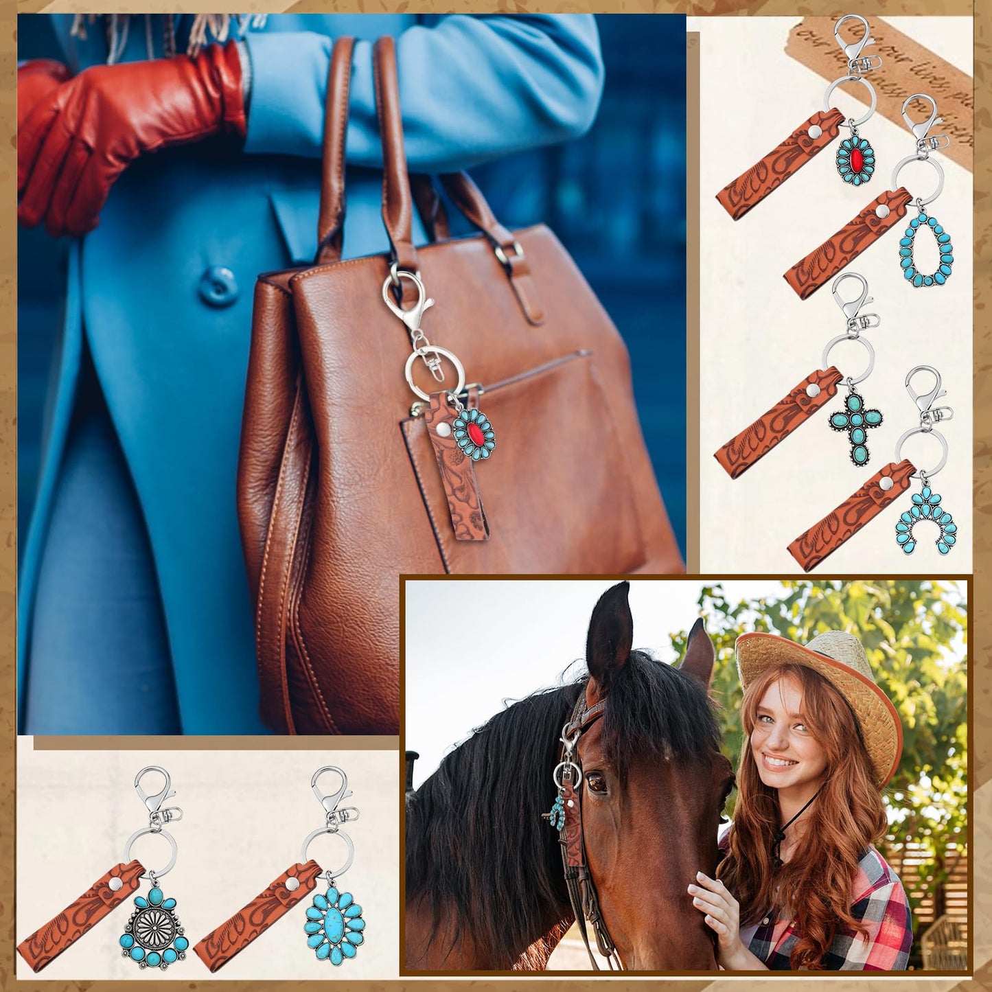Kigeli 6 Pcs Western Keychain Vintage Embossed Cowhide Keychain Wristlet with Metal Charms Gifts for Women Men Antique PU Leather Key Ring for Keys Wallet Backpack Bag