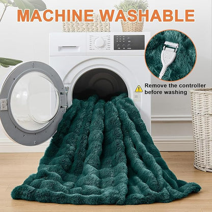 Heated Blanket Electric Throw Blanket 84''X 90''-Heating Blanket with 6 Heat Settings-10 Hours Auto Off,Cozy Faux Rabbit Fur Bubble Electric Blanket,Dark Green