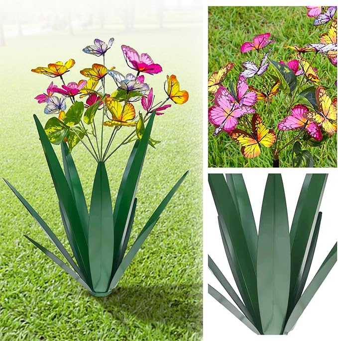 TOMBABY Garden Outdoor Butterfly Enlarge Thickened Wind Resistant Metal Agave Garden Art Metal Plant Country Sculpture Statue Decorations Ornaments Artificial Waterproof Butterflies(Green 3pcs)