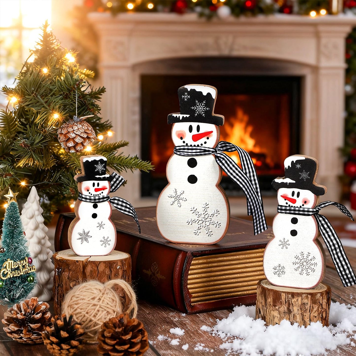 3 Pcs Christmas Snowman Table Decor Wooden Snowman Tables Centerpieces Block Winter Wood Tabletop Sign Rustic Merry Xmas Decorations Indoor for Tiered Tray Office Desk Shelf Home Mantel Holiday Party