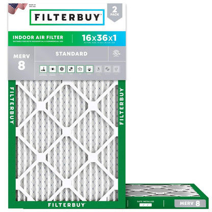 Filterbuy 16x36x1 Air Filter MERV 8 Essential Dust & Allergy Defense (2-Pack), Electrostatic Pleated HVAC AC Furnace Filters Replacement, Made in USA (Actual Size: 15.75 x 35.75 x 0.75)