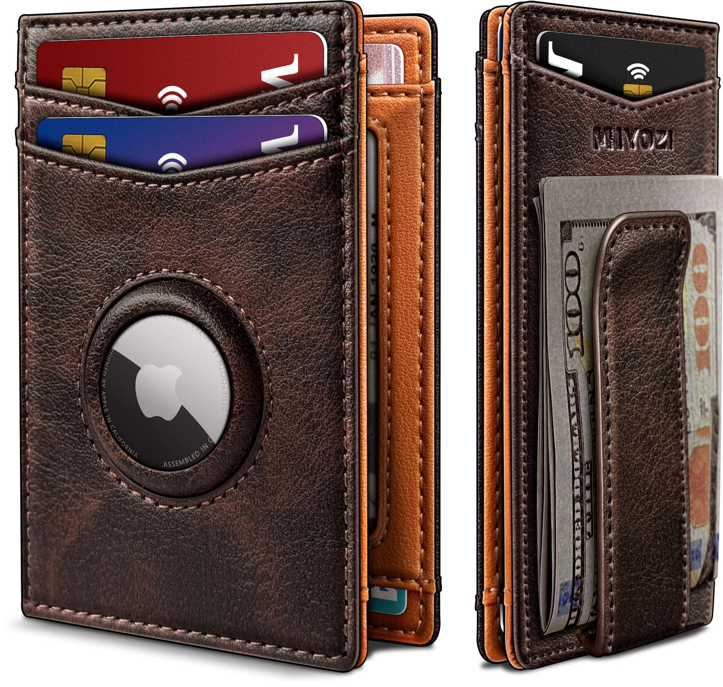 miyozi Airtag Wallet for Men- with Money Clip Gift Boxed, Magnetic Closure Slim Genuine Leather Front Pocket Wallet, 4.1"x 2.8", RFID Blocking
