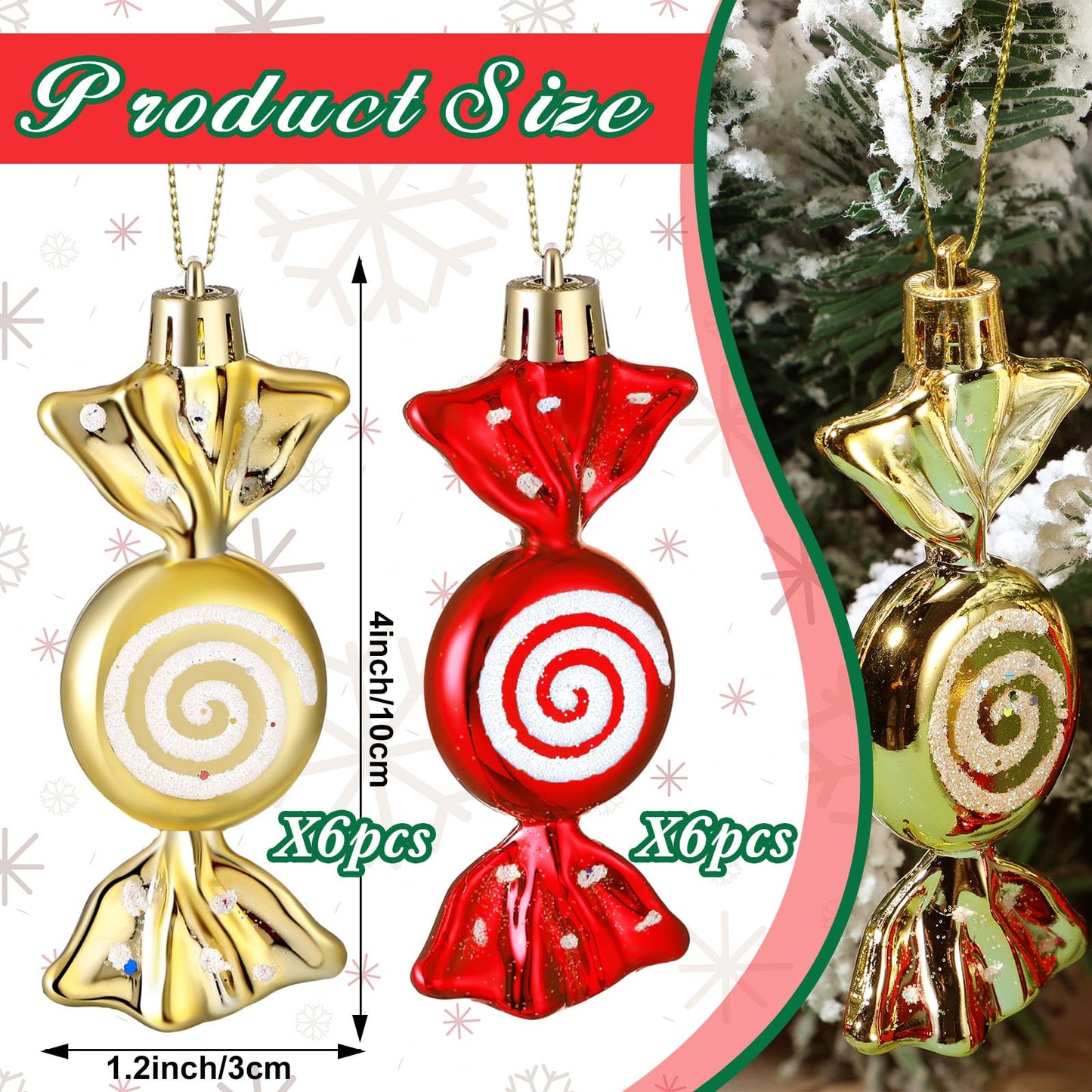 Threan 12 Pcs Christmas Candy Ornaments for Tree Decoration Hanging Glitter Candy Cane Christmas Peppermint Ornament with Golden Rope for Xmas Holiday Decoration(Red, Gold,Plastic)