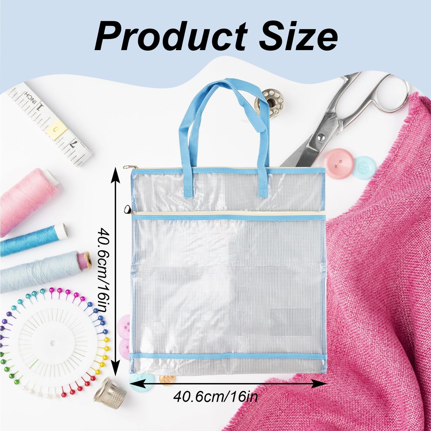 Daxolanz Jumbo Craft Project Bag 16.5”x16.5” – Portable See-Through Mesh Sewing Organizer with Handles & Zipper, Ideal for Quilting, Knitting, Needlepoint, Embroidery & Art Projects (Blue)