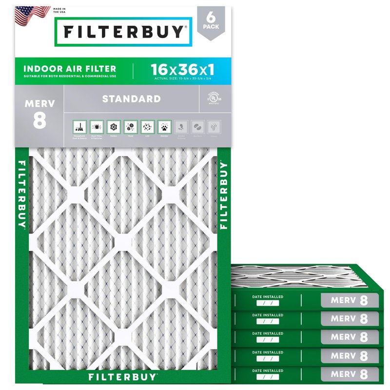 Filterbuy 16x36x1 Air Filter MERV 8 Essential Dust & Allergy Defense (6-Pack), Electrostatic Pleated HVAC AC Furnace Filters Replacement, Made in USA (Actual Size: 15.75 x 35.75 x 0.75)